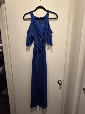 Blue Cold-Shoulder Wrap Maxi Dress